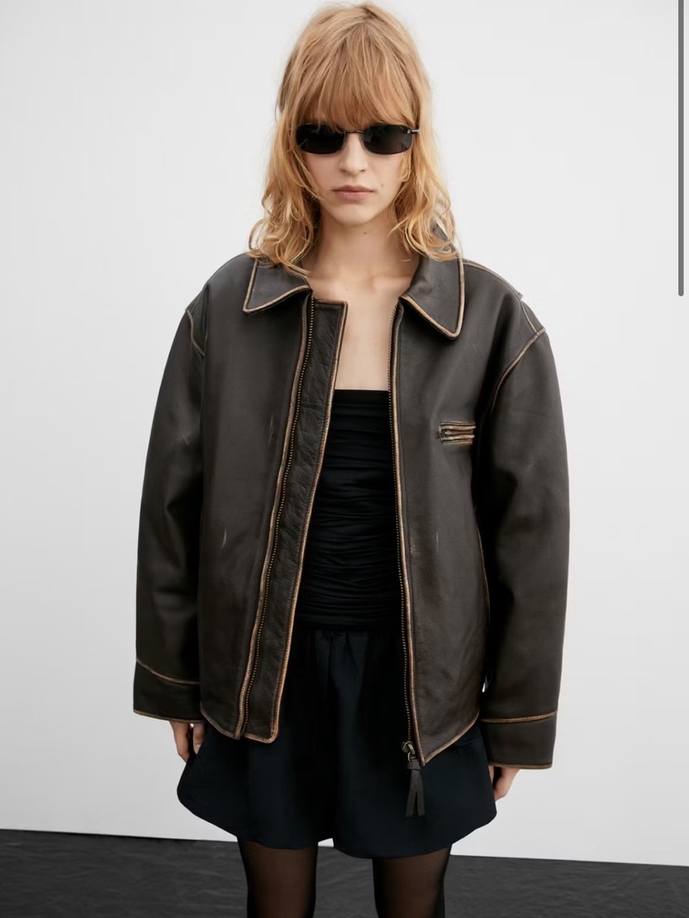 Mango Dark Brown Leather Zip-Front Jacket
